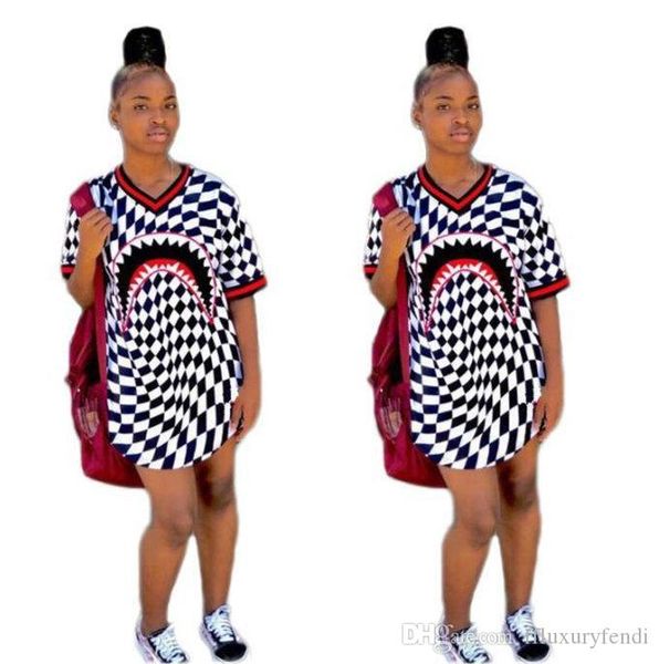 

акулы рот плед печати женщины платья лето тощий v шеи платья коротким рукавом моды женское платье, Black;gray