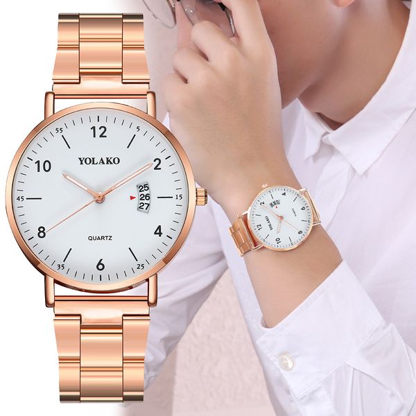 

women wrist watch reloj mujer fashion business simple dial stainless steel calendar men's quartz women watches bayan kol saati, Slivery;brown