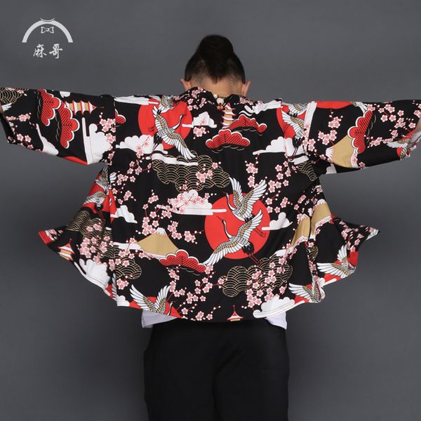 

new japanese robe kimono cardigan men's chinese style hanfu tangzhuang couples summer short jacket, Tan;black