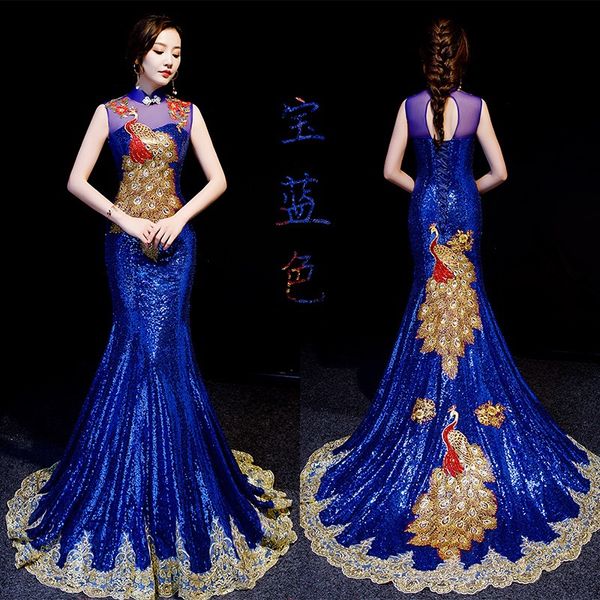

peacock embroidery chinese style long trailing cheongsam slim party evening dress stage dance dressing qipao vestidos, Red