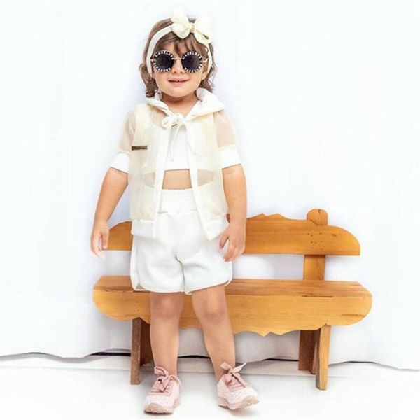 

2020 arrival summer kids baby girl 3pcs suit crop vest+mesh jacket+short pants outfit kids casual summer sport set 2-7y, White