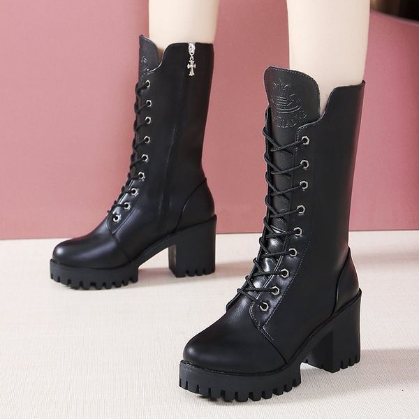 

round toe lady boots lace up women's rubber shoes rain luxury designer zipper boots-women booties woman 2019 high heels ladies, Black