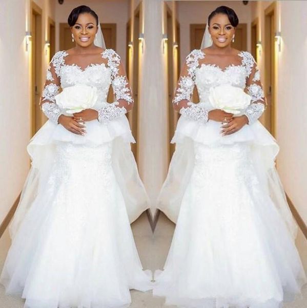 

2020 african plus size mermaid wedding dresses jewel neck lace appliques beads long sleeves peplum sweep train dubai bridal gowns, White