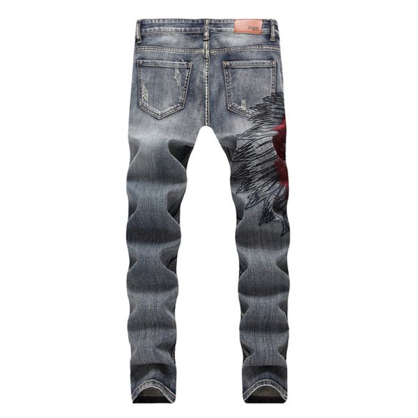 

men spring and autumn fashion brand korea style indiana embroidery slim fit hole jeans male casual denim straight pants trousers, Blue