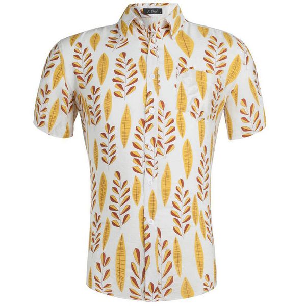 

2019 summer fashion casual mens yellow print trend color short-sleeved hawaiian shirt blouse men summer men shirt sleeve cotton, White;black
