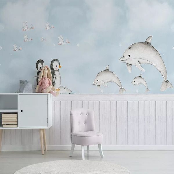 

new custom large mural 3d wallpaper cartoon nordic style dolphin children's bedroom mural tv back wall decor deep 5d embossed