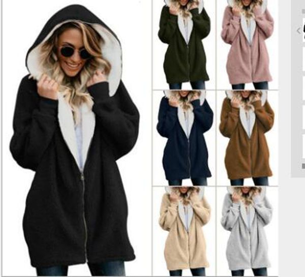 

wholesale explosion women's lamb velvet hooded mid-length sweater autumn and winter new plus velvet plush jacket, Black