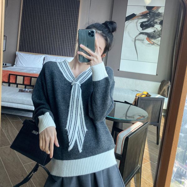 

2020 new fashion women v-neck pullovers japan tie collar casual sweater spring autumn loose grey knitted female sweters, White;black