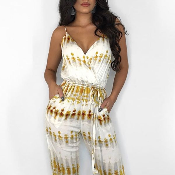 

women's bandage jumpsuit summer tie dye print body femme printing v-neck spaghetti strap slit leg lace up kombinezon damski #zc, Black;white