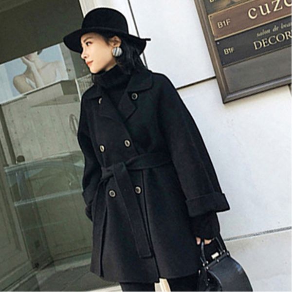 

korea 2020 solid color wool coat coat female long section lapel anti-season cashmere wool korean version loose 19f-a552, Black