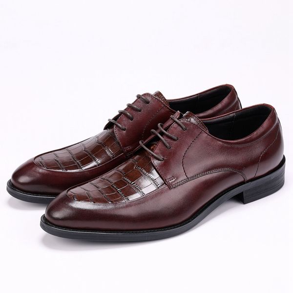 

oxfords genuine leather mens breathable shoes fashion pointed toe formal business male wedding dress lace up flats js-a0067, Black