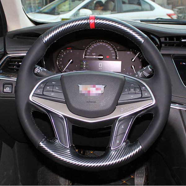

hand sewing leather carbon fiber steering wheel coverfor cadillac srx xts