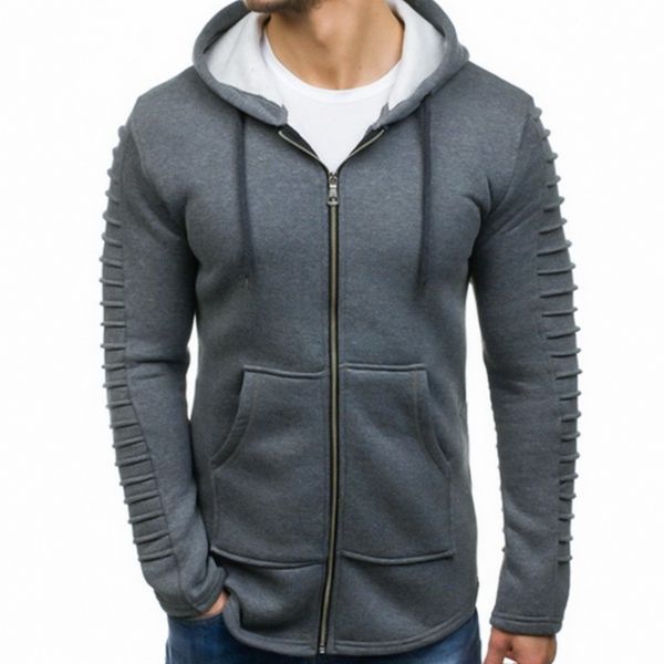 

men hoodies sweatshirt 2019 winter warm zipper sudadera hombre pleated sleeve hoody jacket pockets slim fit poleron hombre coat, Black