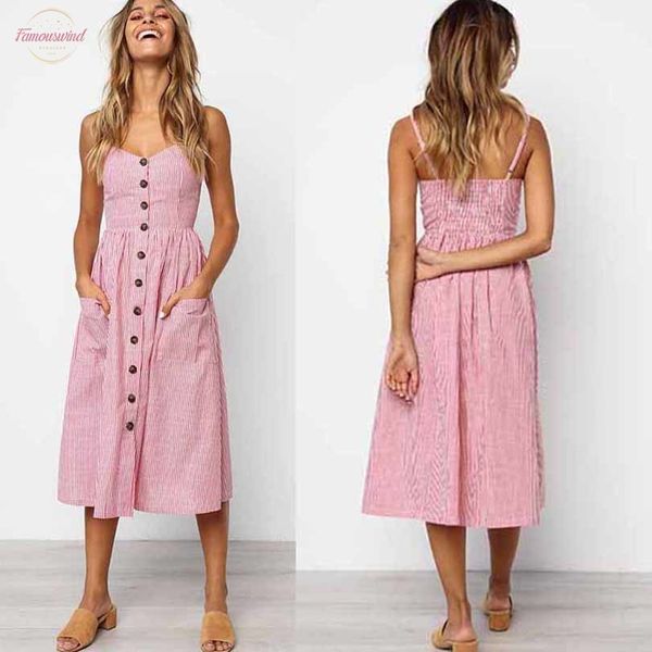 

summer dress women button striped print mid calf cotton v neck off shoulder spaghetti strap pocket beach midi dresses female vestidos, Black;gray
