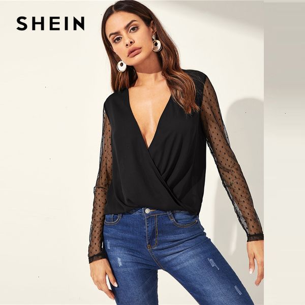 

womens blouse women black deep v neck dot contrast mesh sleeve wrap sheer shirt long sleeve night out spring blouses, White