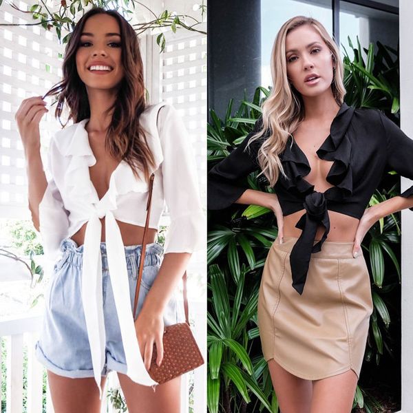 

new fashion women three quarter sleeve deep v-neck crop blouse women's ruffles short clothes, White