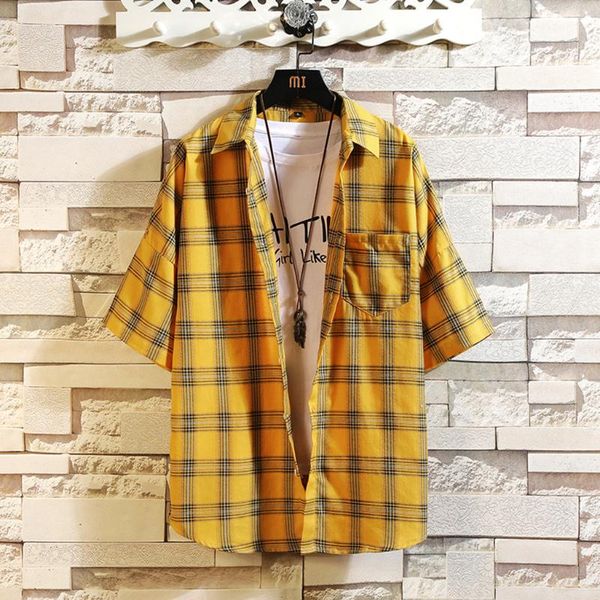 

summer men's slim fit plaid printed shirts male short sleeve loose casual shirt men basic casual plus size shirts blouse, White;black