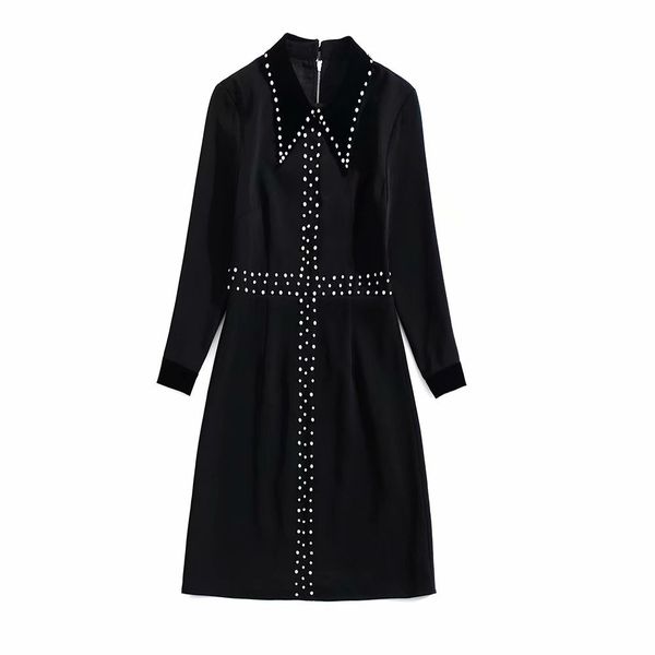

european and american women's fashion 2019 spring new style long sleeve lapel nail drill fashion slim black dress, Black;gray