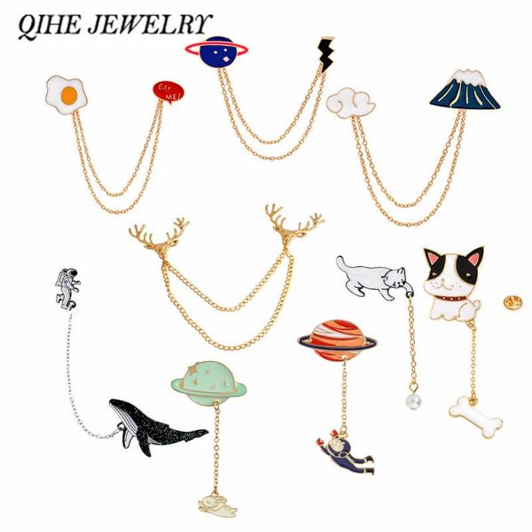 

qihe jewelry galaxy monn astronaut fuji mountain egg deer whale dog animal tassel pins brooches badges for women men cute pin mdrbk, Black;gray