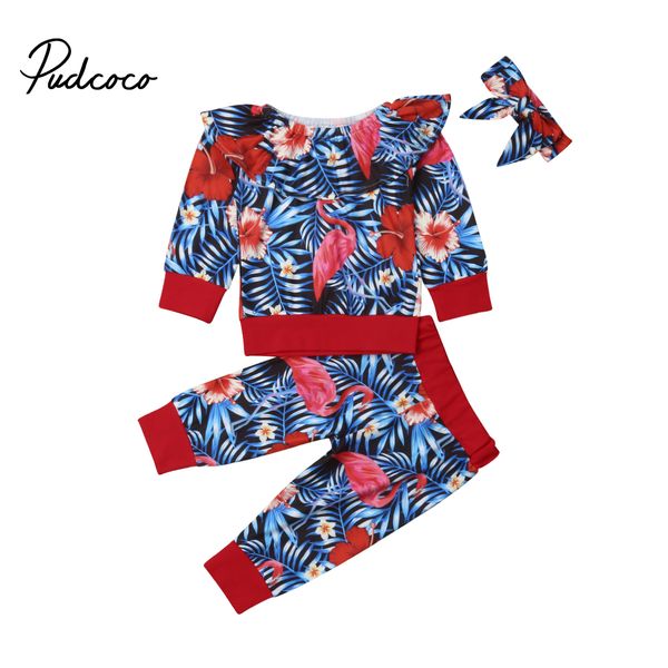 

2019 newborn infant toddler kids baby boys girls flamingo t-shirt pants tracksuit outfits clothes headband 3pcs 0-4y, White