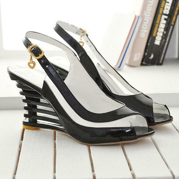 

flat buckle peep toe wedges heel high heel women ssandals shoes fs99, Black