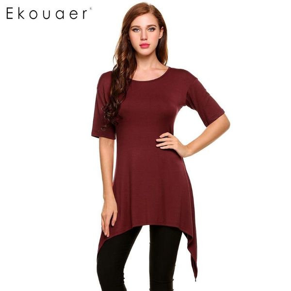 

ekouaer new women summer casual o-neck short sleeve solid asymmetrical pleated hem mid-long elastic design pullover t-shirt, White