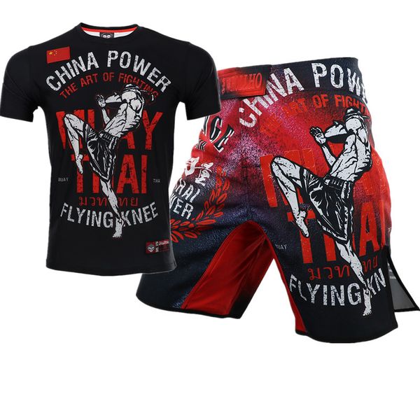 

power muay thai short sleeves boxing shirt jiu jitsu jersey fitness wushu sanda competition shortsmma fighting fightwear, Blue