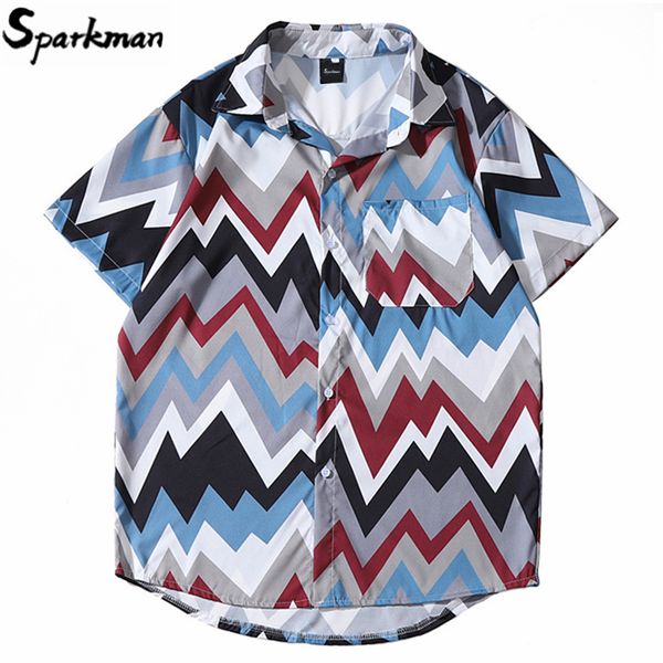 

2020 hip hop shirt streetwear men hawaiian shirt retro ruffle stripe harajuku beach summer aloha short sleeve hiphop, White;black