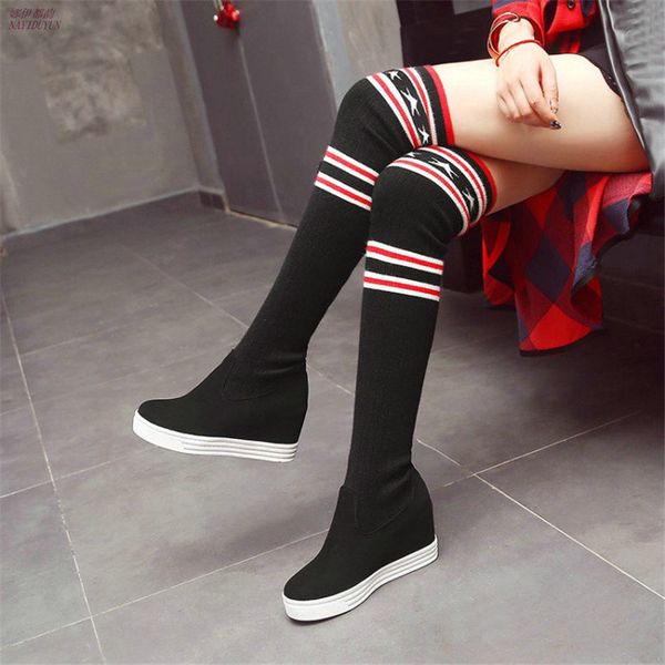 

elastic thigh high trainers women faux suede wedges slip on over the knee boots high heel creepers punk sneakers knitting pumps, Black