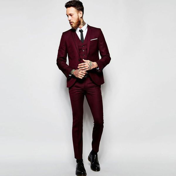 

desinger burgundy slim fit men suits notched lapel wedding suits for men with jacket vest and pants groom tuxedos one button blazers, Black;gray