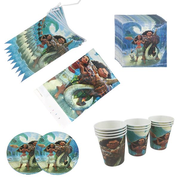 

moana cartoon party set tableware plate napkins banner happy birthday candy popcorn box gift bags baby shower party decoration