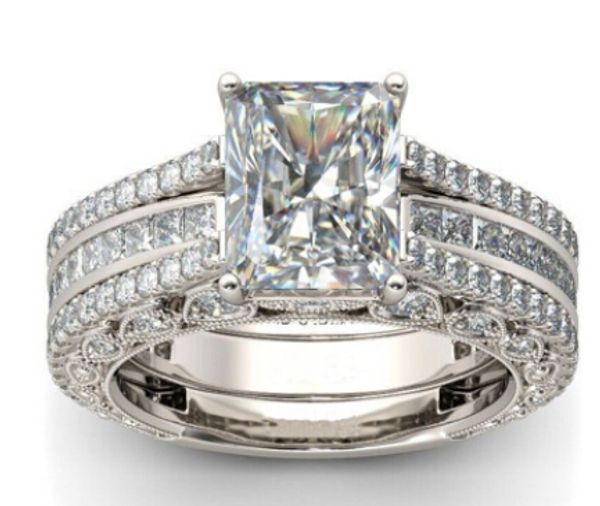 

vecalon full princess cut 10ct simulated diamond cz 3-in-1 engagement wedding band ring set for women 14kt gold filled ring, Slivery;golden