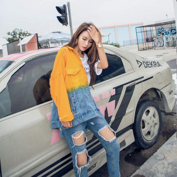 

sexemara fashion the new loose gradient hole denim jacket ing, Black;brown
