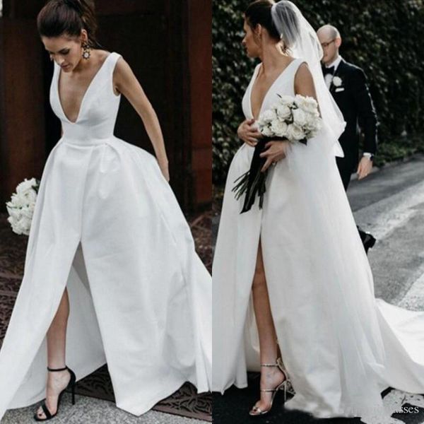 

2019 Newest Deep V Neck Satin Wedding Dresses Cheap Long Split Front Backless Bridal Dress Sleeveless Simple Wedding Gowns Beach Vestidos