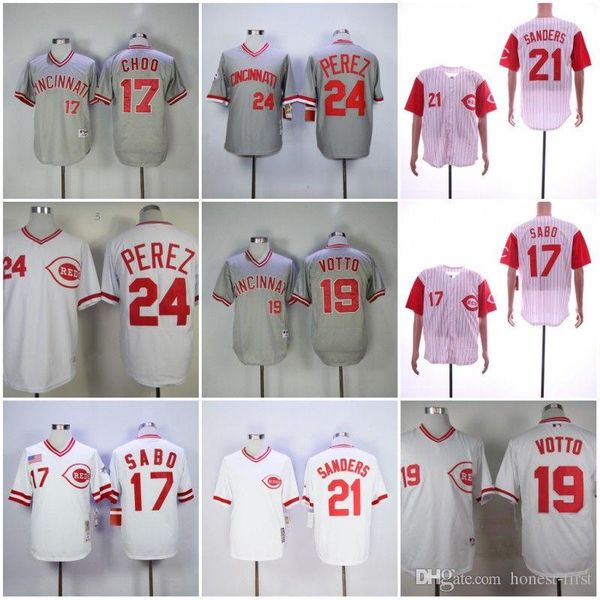 

Cheap news Cincinnati 17#SABO 19# VOTTO 21# SANDERS 24# PEREZ White Grey Red Retro Baseball News Shirt Stitched