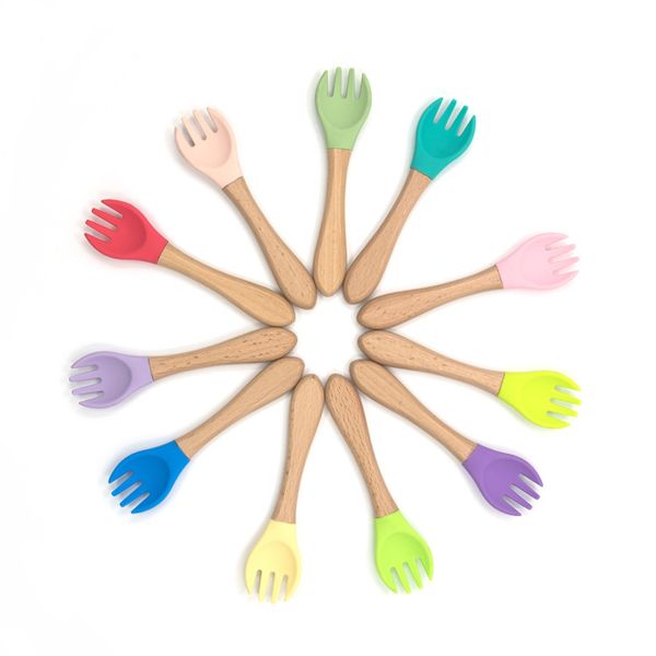 

baby kids toddler training fork soft tip silicone natural bamboo self feeding utensils multi colors baby feeding accessories