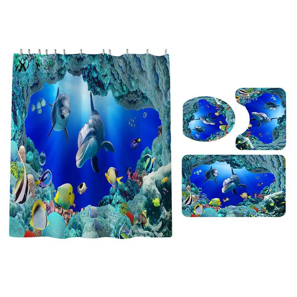 

4 piece shower curtain sets with non-slip rug, toilet lid cover, bath mat j