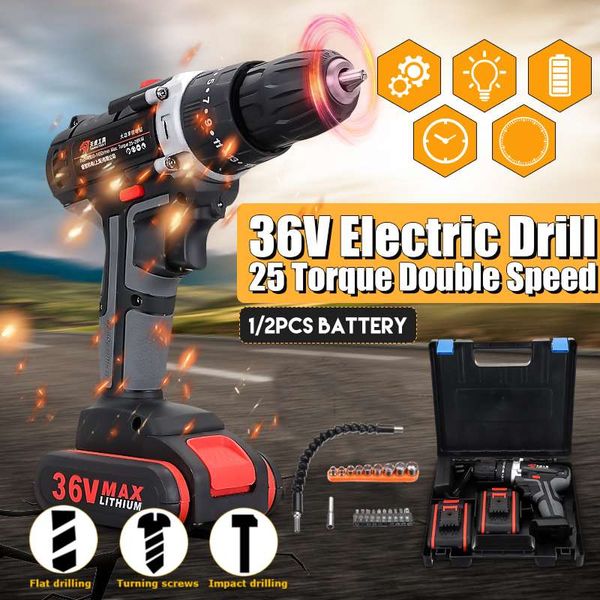 

cordless 36v electric drill double-speed adjustment led work lighting impact screwdriver drill power tools with bit sets