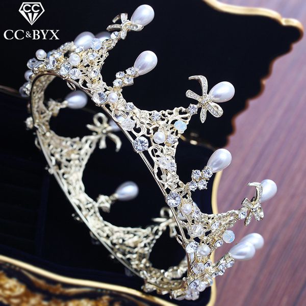

cc tiaras and crowns butterfly pearl engagement wedding hair accessories for bridal princess party jewelry luxury round xy231, Golden;white