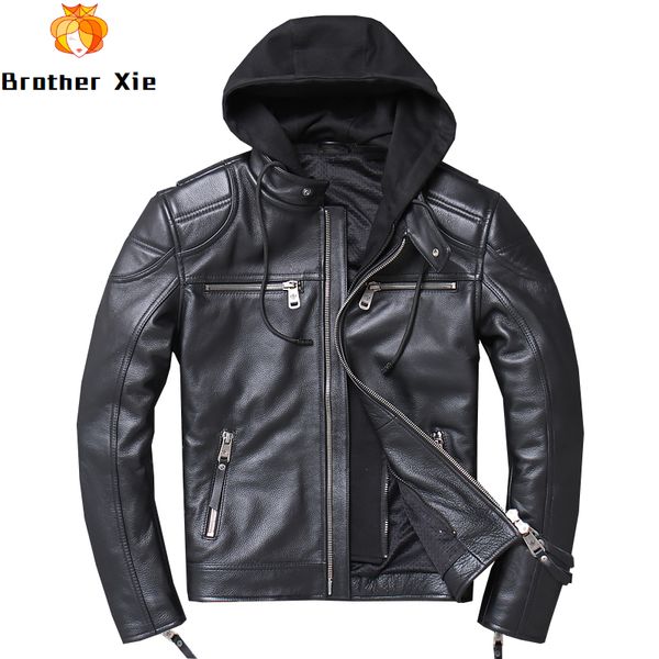 

2020 men's genuine cow leather jacket motorcycle biker cowhide leather jacket pleated hooded windbreaker coats zippers outwear, Black