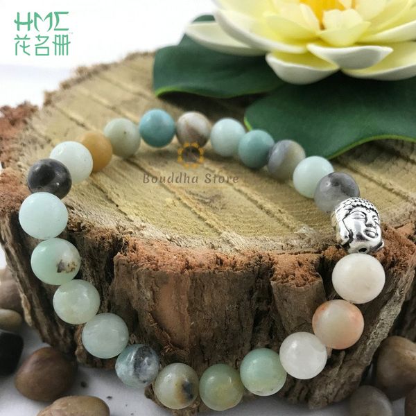

8mm amazonite stone bracelet with antique silver plated buddha bracelet approx 19cm, Black