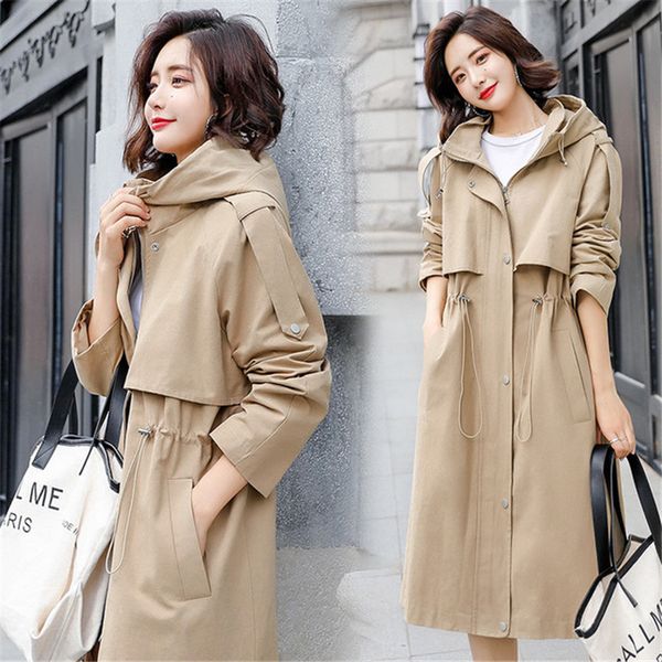 

vintage plus size trench coats women 2020 new spring autumn korean zipper khaki hooded windbreaker long outerwear female, Tan;black