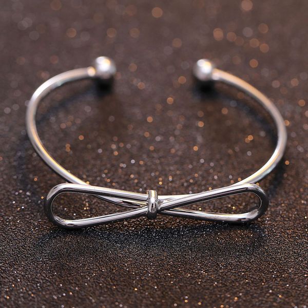 

elegant bowknot cuff bangle bracelet silver plated metal round open bangle bracelet for women, Black