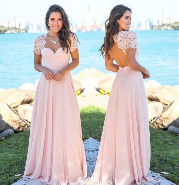 

new meat pink chiffon country bridesmaid dresses scoop hollow back lace beach garden wedding guest maid of honor dresses, White;pink