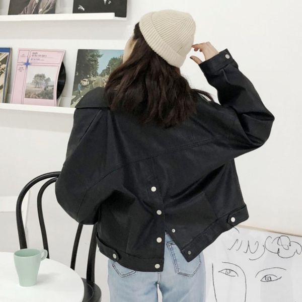 

women's 2019 autumn new lapel leather jacket coat korean bf wind black short loose simple retro pu leather jacket students ml089, Black;brown