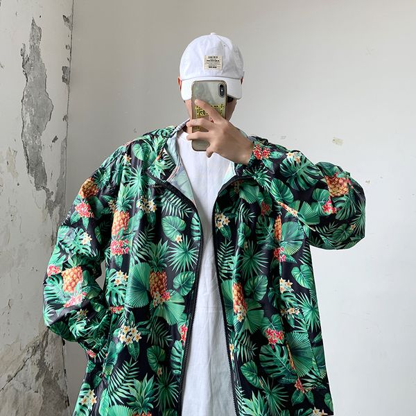 

men's jacket spring 2019 new slim plant-based print simple hooded jacket coat sun protection lapel personality youth men's wear, Black;brown
