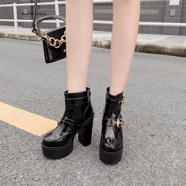 

new in boots spring women ankle boots block heel shoes ladies buckle prom shoes cowboy botas platform punk goth yma939-1, Black