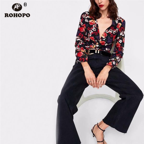 

rohopo autumn floral tunic body suit ladies long sleeve vintage printed outfit bodysuits runway casual jumpsuit #az9027, Black;white
