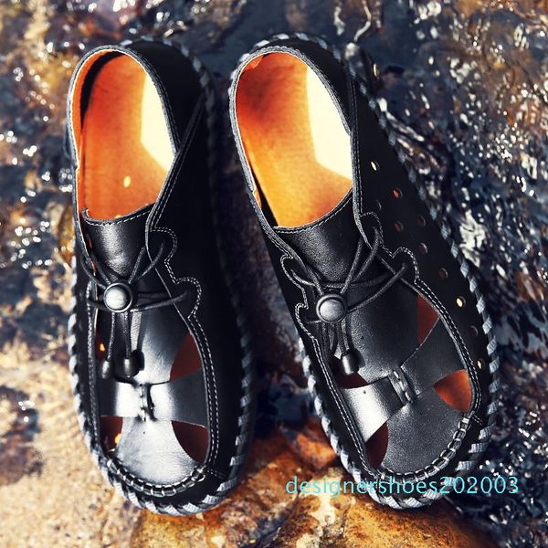 

mens shoe summer slippers men genuine leather breathable sewing handmade sandals beach slippers sandalias hombre sandale hommes 5 01d d03, Black