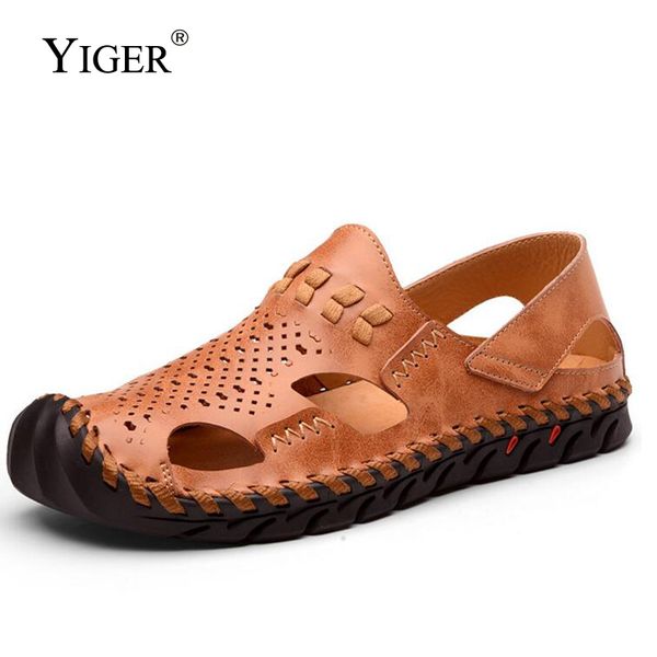 

yiger 2018 new man sandals genuine leather leisure driving shoes men beach shoes sewing slip-on ankle-wrap casual 0102, Black
